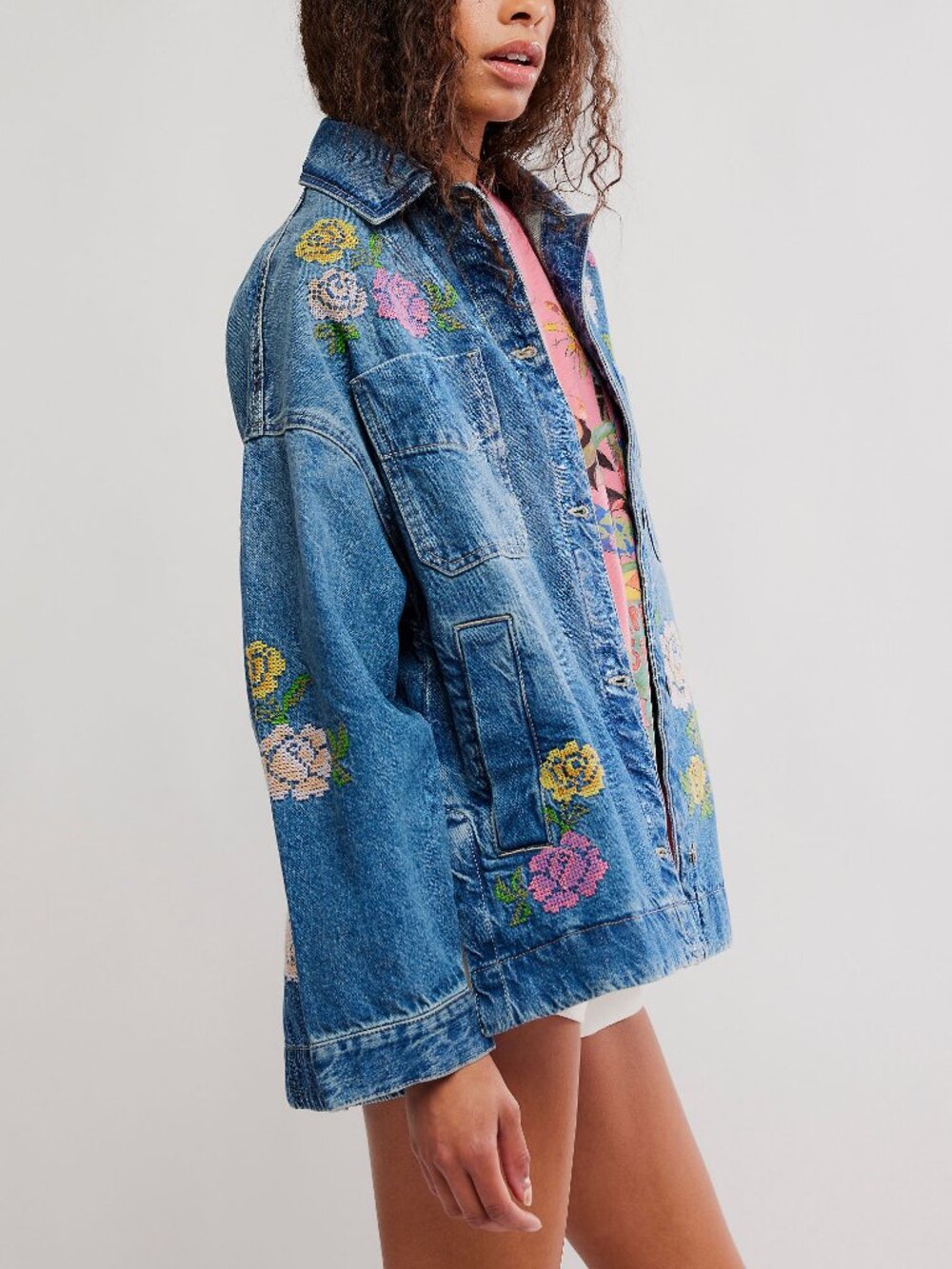 Free People Blue Denim Jean Jacket with Embroidered Floral Motif - Picture 2 of 9